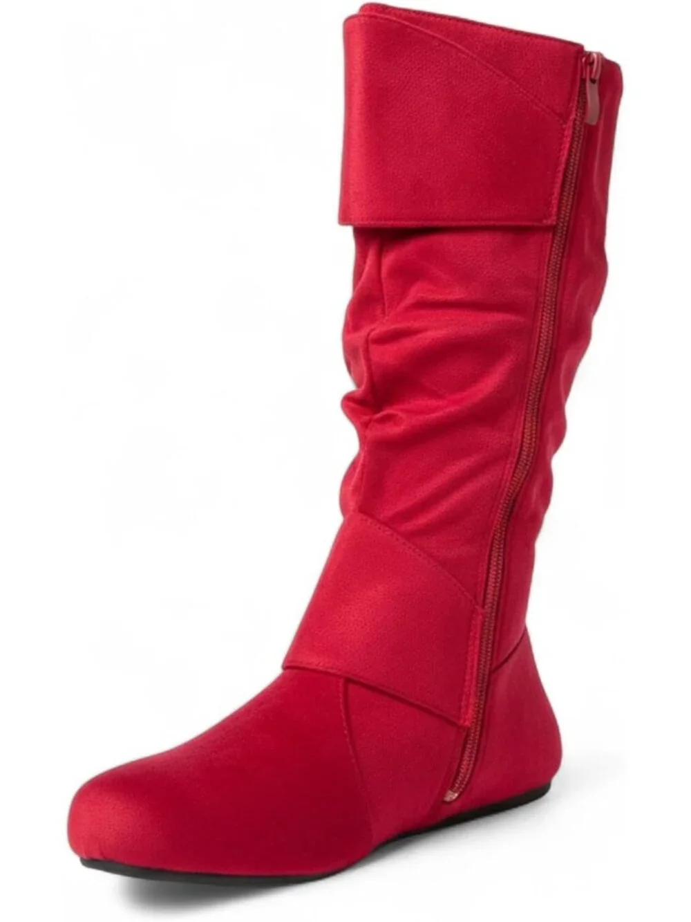 Women's Red Suede Comfortable Round Toe Buckle Side Zip  Mid-Calf Low Heel Boots